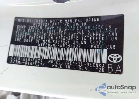 2019 Toyota Corolla Le z USA, uszkodzony, nr VIN 5YFBURHE4KP891839